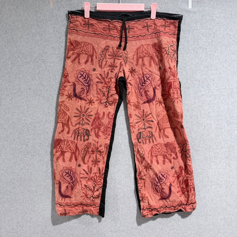 Karma Highway Embroidered Elephant Boho Pants Terracotta Black One Size bohemian